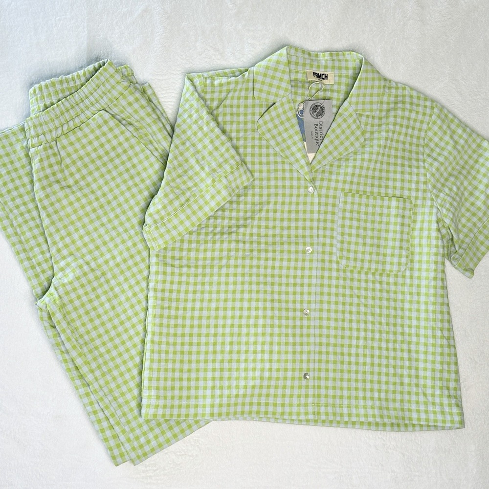 FRNCH Paris Pajama Set S Green Gingham Top Pants NWT Cotton Cottagecore Lounge